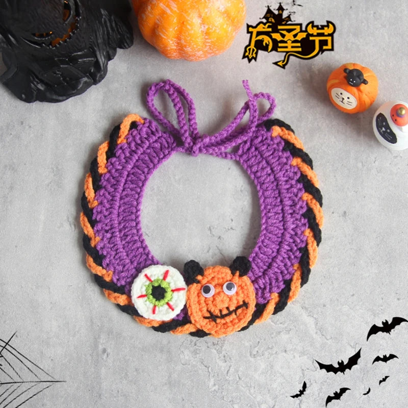 Hand Woven Cat Collars Breakaway Kitten Collar with Pumpkin Pattern Pet Cosplay Costume Crochet Pet Nacklace Halloween Decor