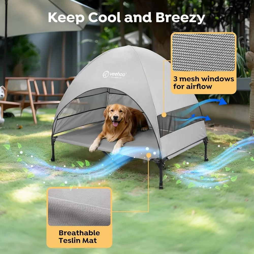 Outdoor Dog Bed with Canopy, Cooling Elevated Pet Cot with Removable Shade, Non-Slip Feet, Raised Dog Cot for Large Dogs, Pet T
