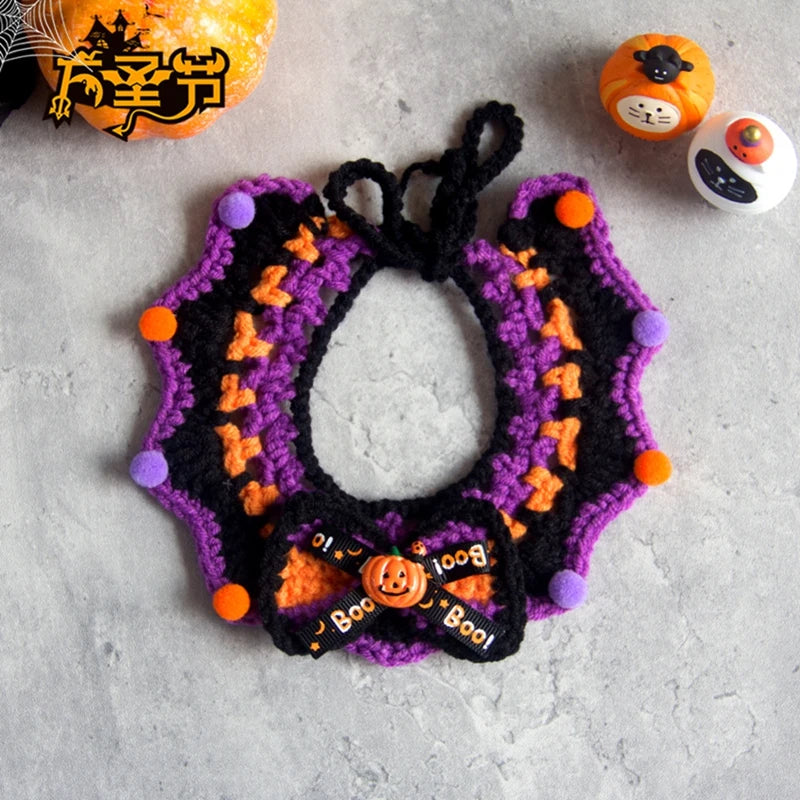 Hand Woven Cat Collars Breakaway Kitten Collar with Pumpkin Pattern Pet Cosplay Costume Crochet Pet Nacklace Halloween Decor