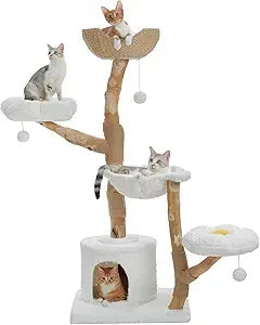 PAWZ Road Cat Tree for Indoor Cats Large Adults, 59 Inches Modern Cat Tower with Large Basket and Hammock, Natural Solid Wood, L