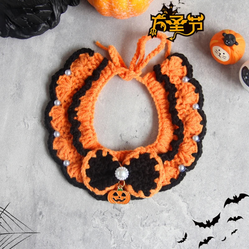 Hand Woven Cat Collars Breakaway Kitten Collar with Pumpkin Pattern Pet Cosplay Costume Crochet Pet Nacklace Halloween Decor