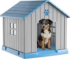 38" Dog House Kennel Indoor Outdoor,Peaked Deck Doghouse,Keep Your Dog Dry & Cozy(Grey Blue)