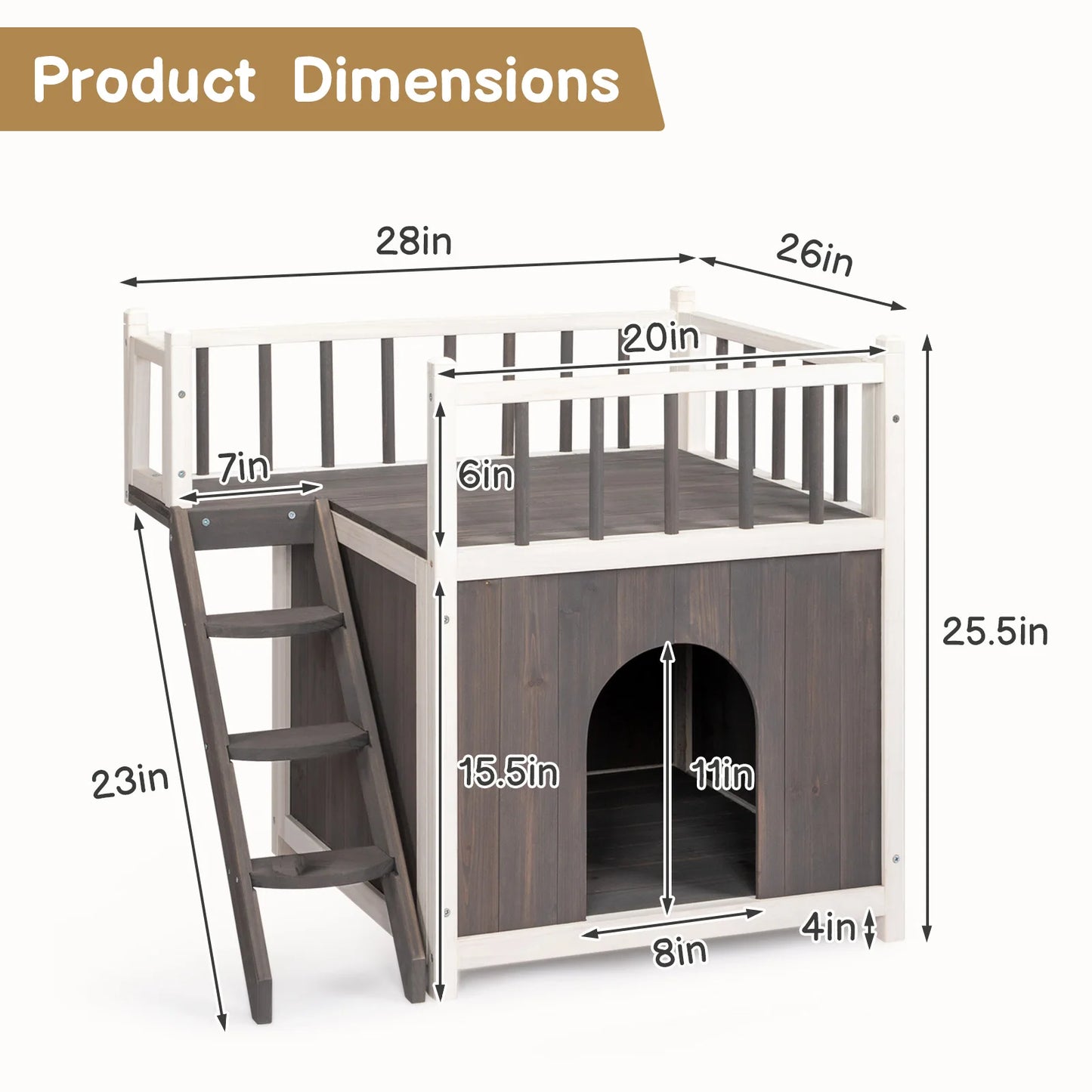 Pet House Cat Grey White Outdoor Indoor 2-Story Wooden Feral Dog House Cat House Pet House with Stair