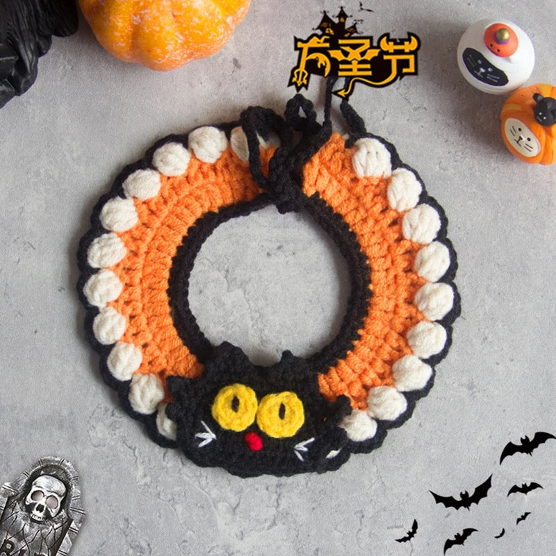 Hand Woven Cat Collars Breakaway Kitten Collar with Pumpkin Pattern Pet Cosplay Costume Crochet Pet Nacklace Halloween Decor
