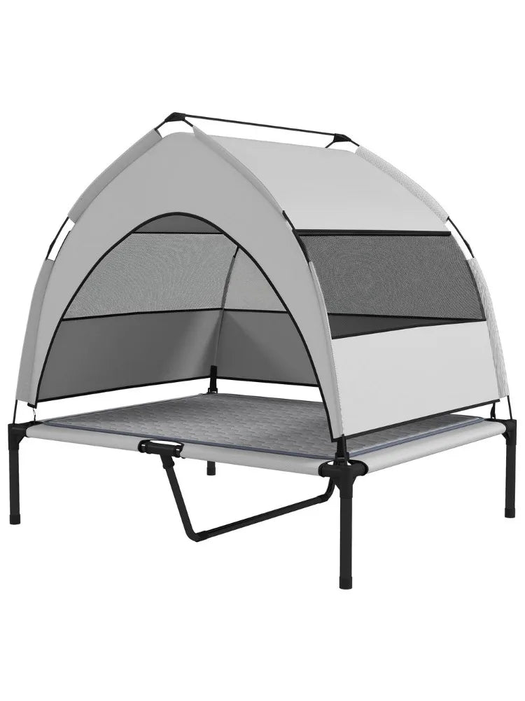 For PawHut Elevated Dog Bed with Removable Canopy, Portable Outside Raised Pet Cot with Cooling Pad, Storage Bag, 36" x 29.5" x