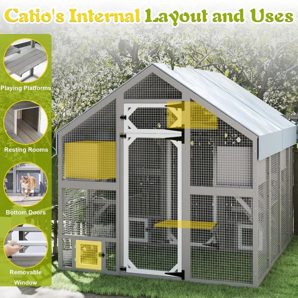 71" H Catio Outdoor Cat Enclosure Large Wooden Walk in Cats House Outside Weatherproof Roof,Attached to House's Window,Cat's Doo