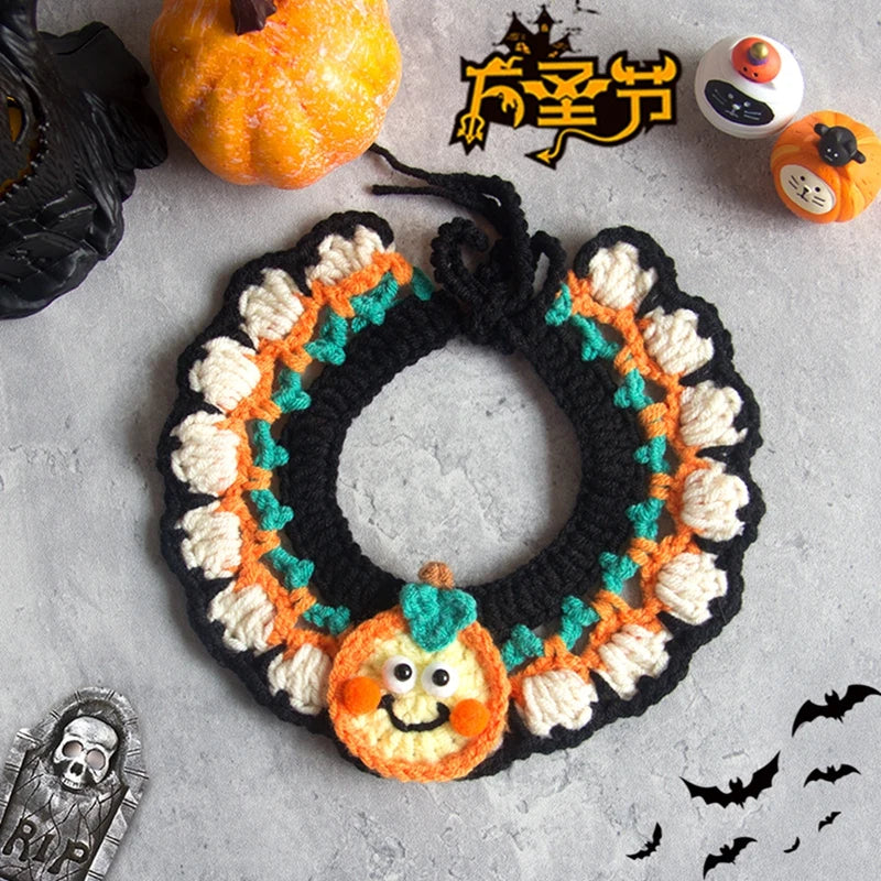 Hand Woven Cat Collars Breakaway Kitten Collar with Pumpkin Pattern Pet Cosplay Costume Crochet Pet Nacklace Halloween Decor