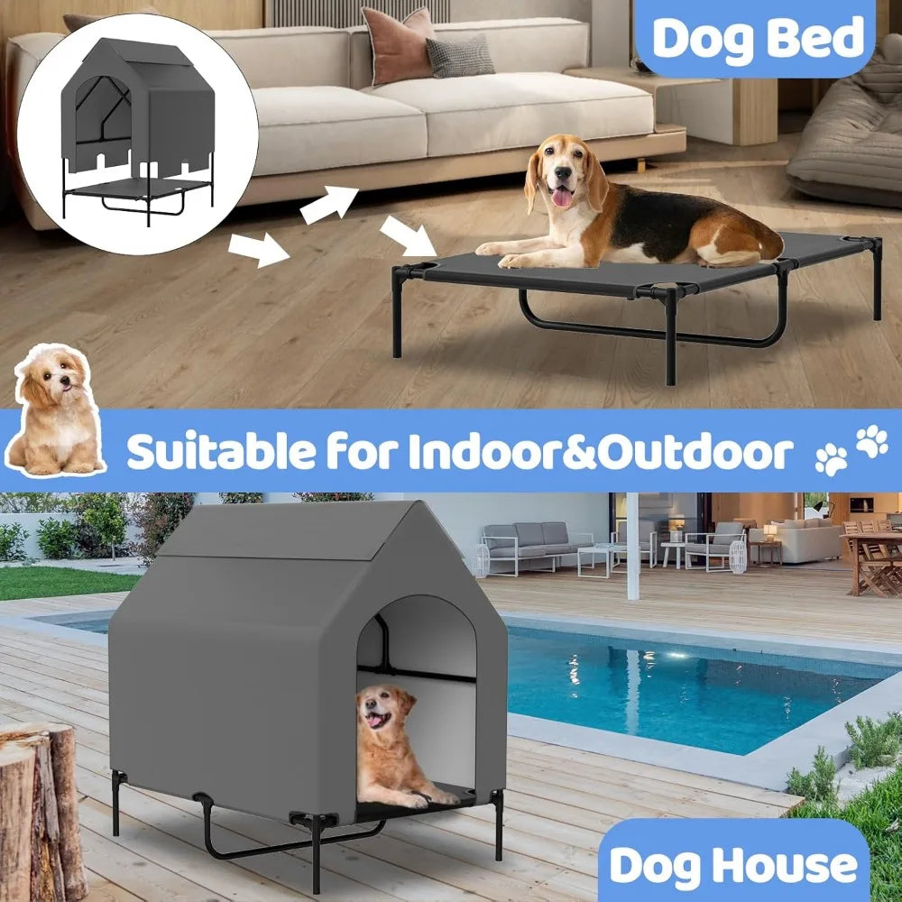 48" dog house for large dogs outside, elevated cooling dog beds for outdoor indoor, weatherproof raised pet shelter with canopy,