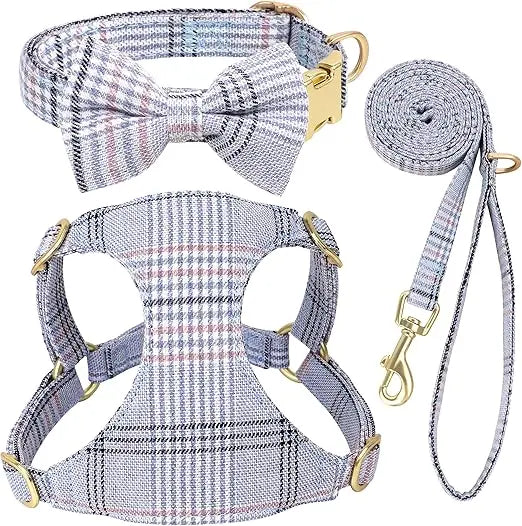 Cute Extra Small Dog Harness Collar and Leash Set with Bowtie, Soft Adjustable Plaid Puppy Harness for Small Sized Dogs Cats Wa