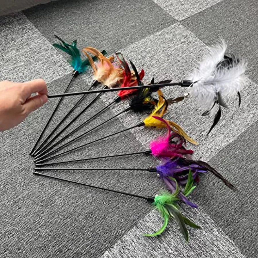 10Pack Cat Feather Wand Toys with Bell tural Feather Interactive Teaser for Indoor Kittens Friendly Cat Toy