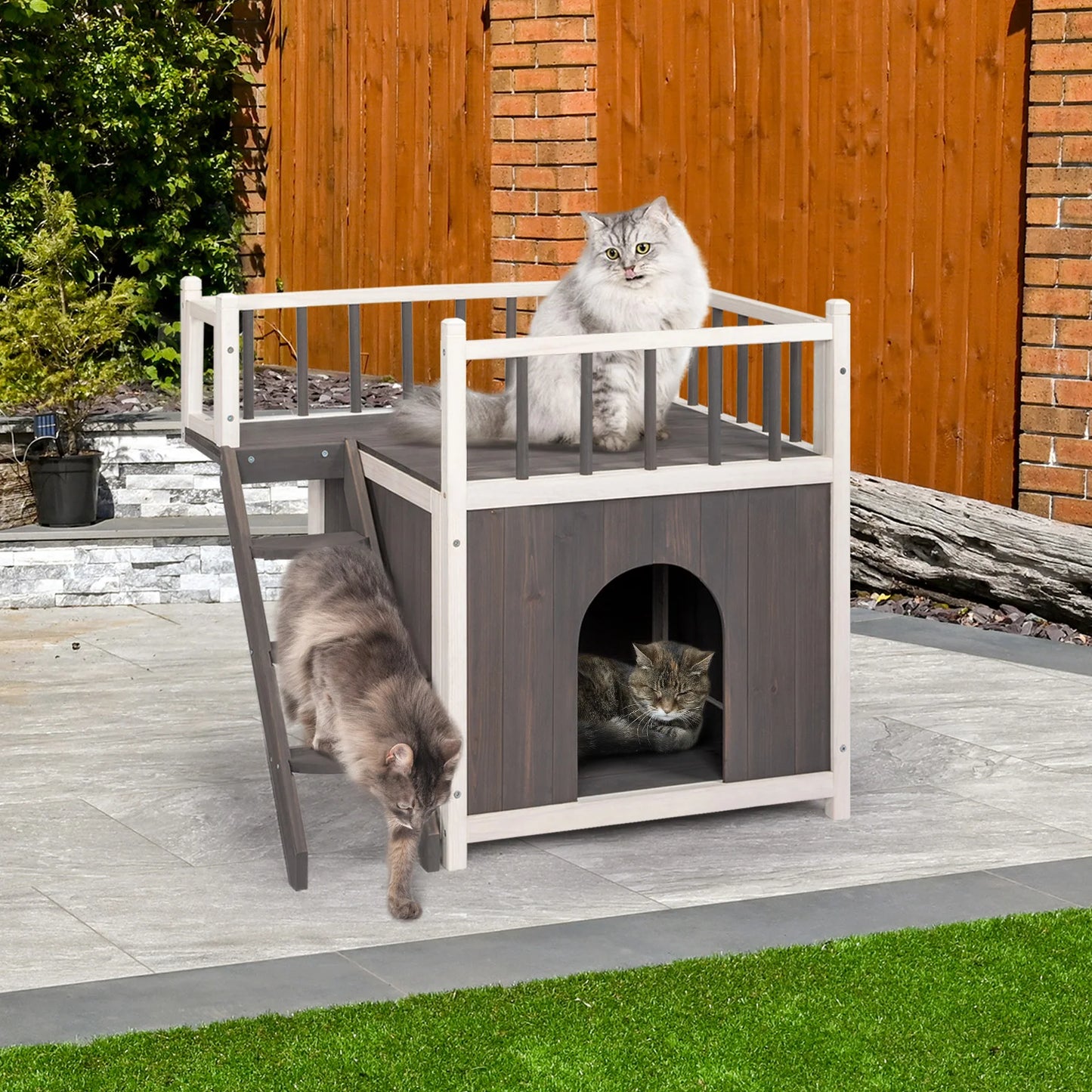 Pet House Cat Grey White Outdoor Indoor 2-Story Wooden Feral Dog House Cat House Pet House with Stair