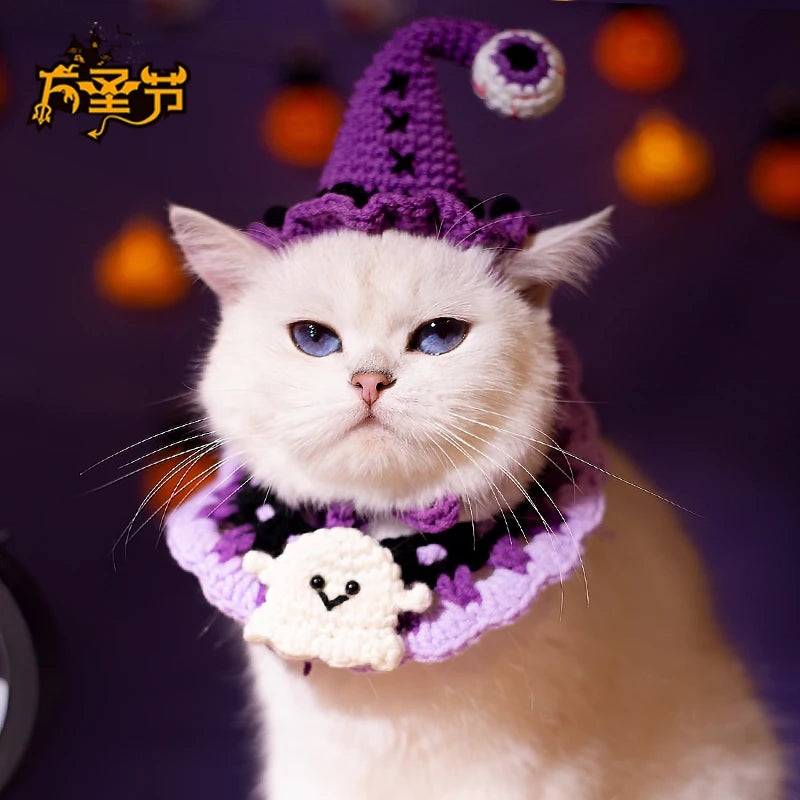 Hand Woven Cat Collars Breakaway Kitten Collar with Pumpkin Pattern Pet Cosplay Costume Crochet Pet Nacklace Halloween Decor