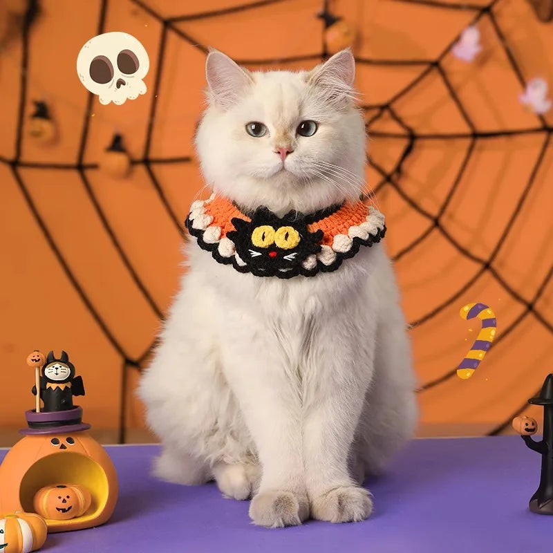 Hand Woven Cat Collars Breakaway Kitten Collar with Pumpkin Pattern Pet Cosplay Costume Crochet Pet Nacklace Halloween Decor