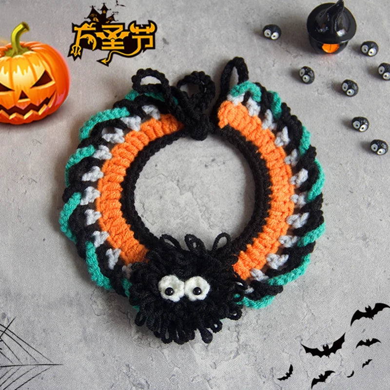 Hand Woven Cat Collars Breakaway Kitten Collar with Pumpkin Pattern Pet Cosplay Costume Crochet Pet Nacklace Halloween Decor