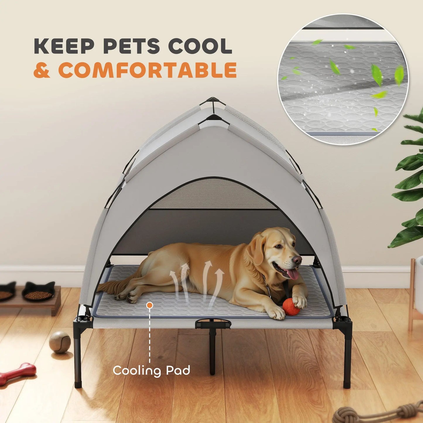 For PawHut Elevated Dog Bed with Removable Canopy, Portable Outside Raised Pet Cot with Cooling Pad, Storage Bag, 36" x 29.5" x