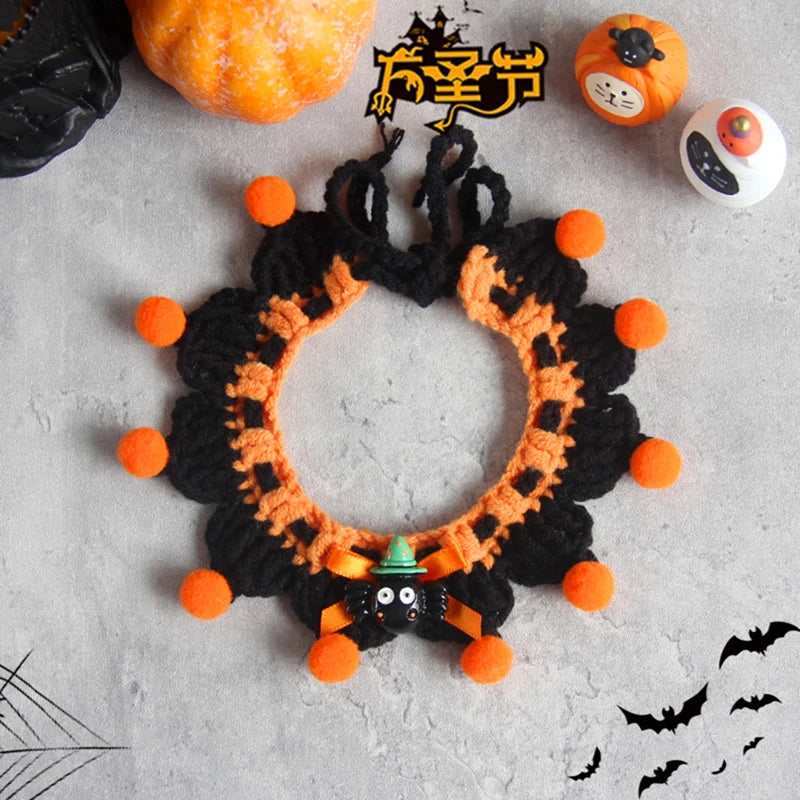 Hand Woven Cat Collars Breakaway Kitten Collar with Pumpkin Pattern Pet Cosplay Costume Crochet Pet Nacklace Halloween Decor