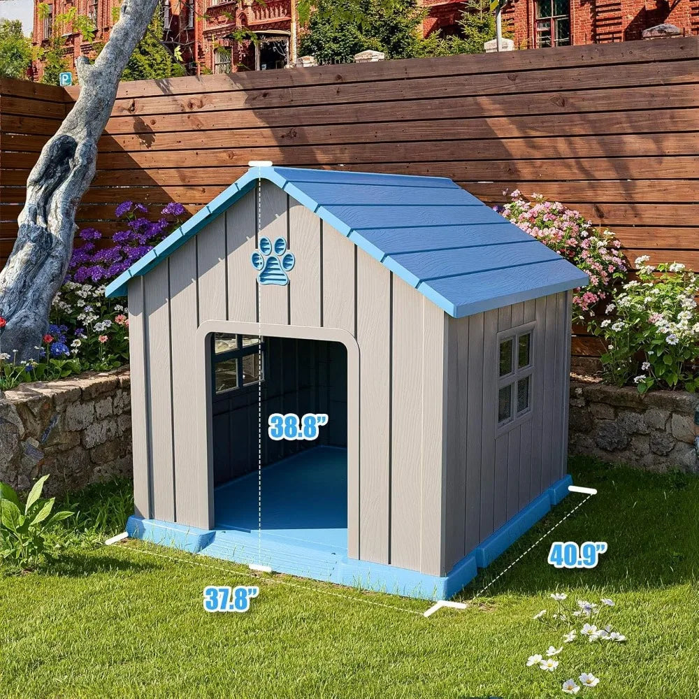 38" Dog House Kennel Indoor Outdoor,Peaked Deck Doghouse,Keep Your Dog Dry & Cozy(Grey Blue)