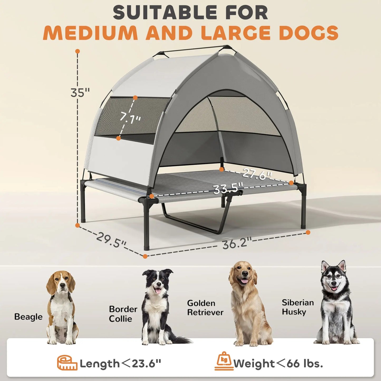 For PawHut Elevated Dog Bed with Removable Canopy, Portable Outside Raised Pet Cot with Cooling Pad, Storage Bag, 36" x 29.5" x