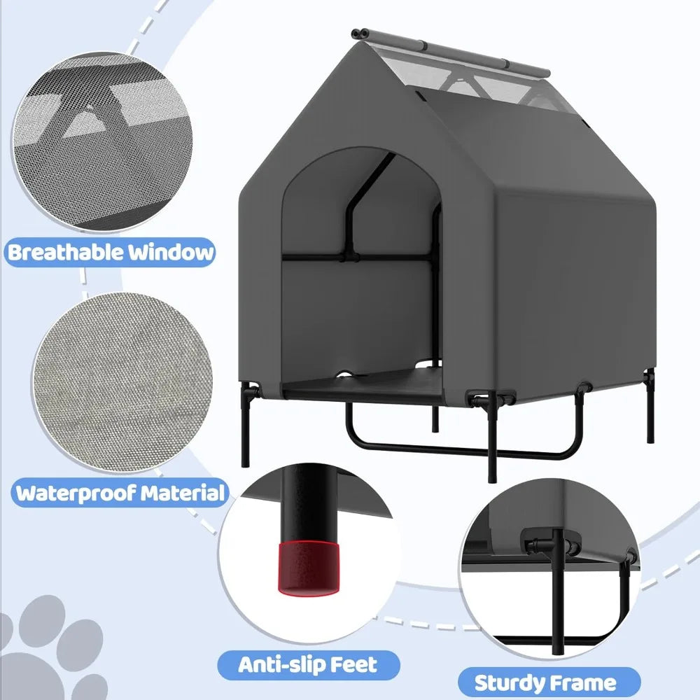48" dog house for large dogs outside, elevated cooling dog beds for outdoor indoor, weatherproof raised pet shelter with canopy,