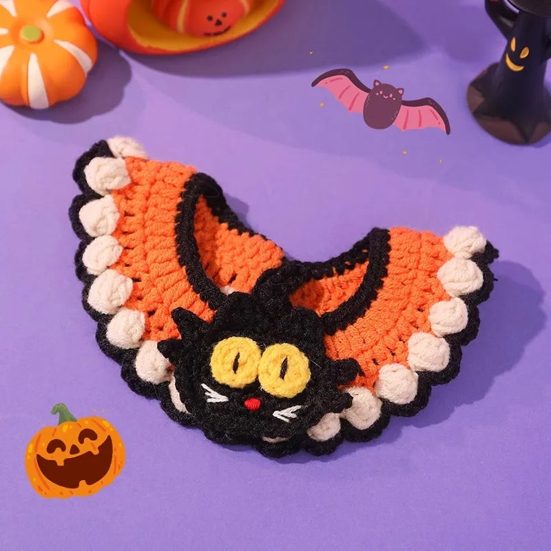 Hand Woven Cat Collars Breakaway Kitten Collar with Pumpkin Pattern Pet Cosplay Costume Crochet Pet Nacklace Halloween Decor