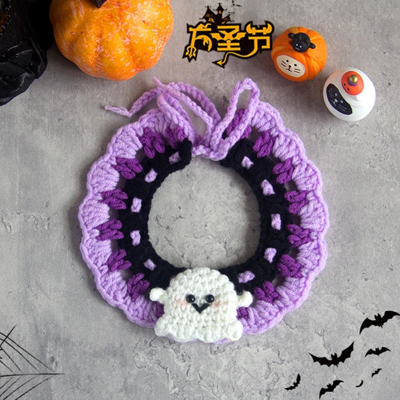 Hand Woven Cat Collars Breakaway Kitten Collar with Pumpkin Pattern Pet Cosplay Costume Crochet Pet Nacklace Halloween Decor