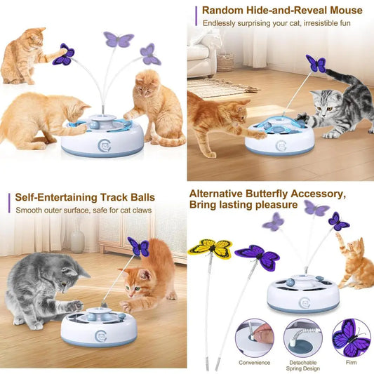 Cat Toys 3 in1 Automatic Interactive Kitten Toy, Moving Ambush Mouse, Fluttering Butterfly, Track Balls, USB Powered, Indoor Exe