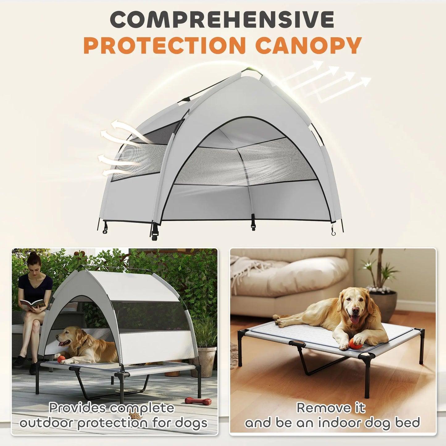 For PawHut Elevated Dog Bed with Removable Canopy, Portable Outside Raised Pet Cot with Cooling Pad, Storage Bag, 36" x 29.5" x