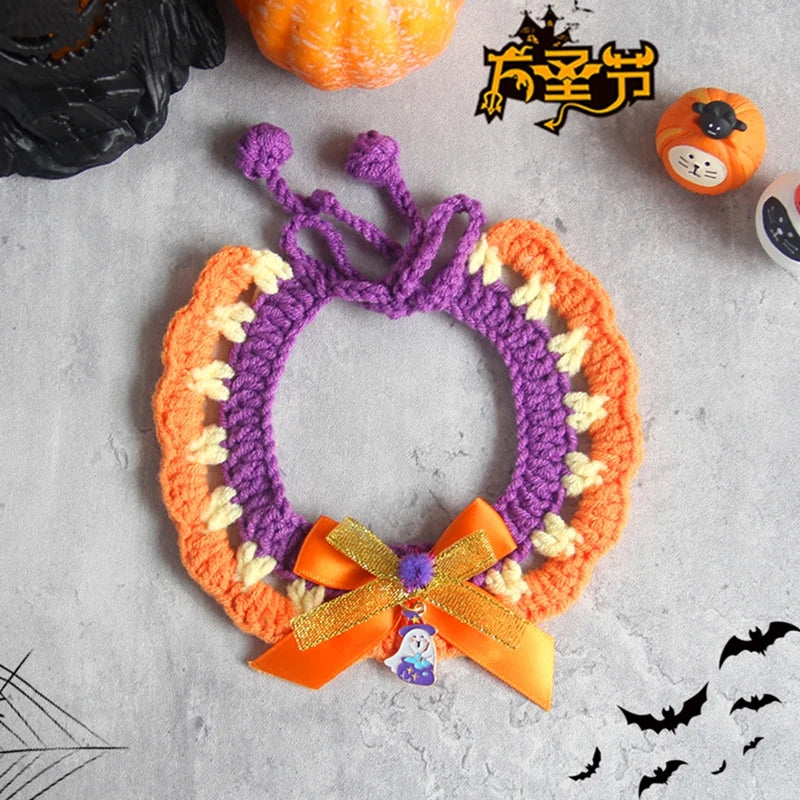 Hand Woven Cat Collars Breakaway Kitten Collar with Pumpkin Pattern Pet Cosplay Costume Crochet Pet Nacklace Halloween Decor