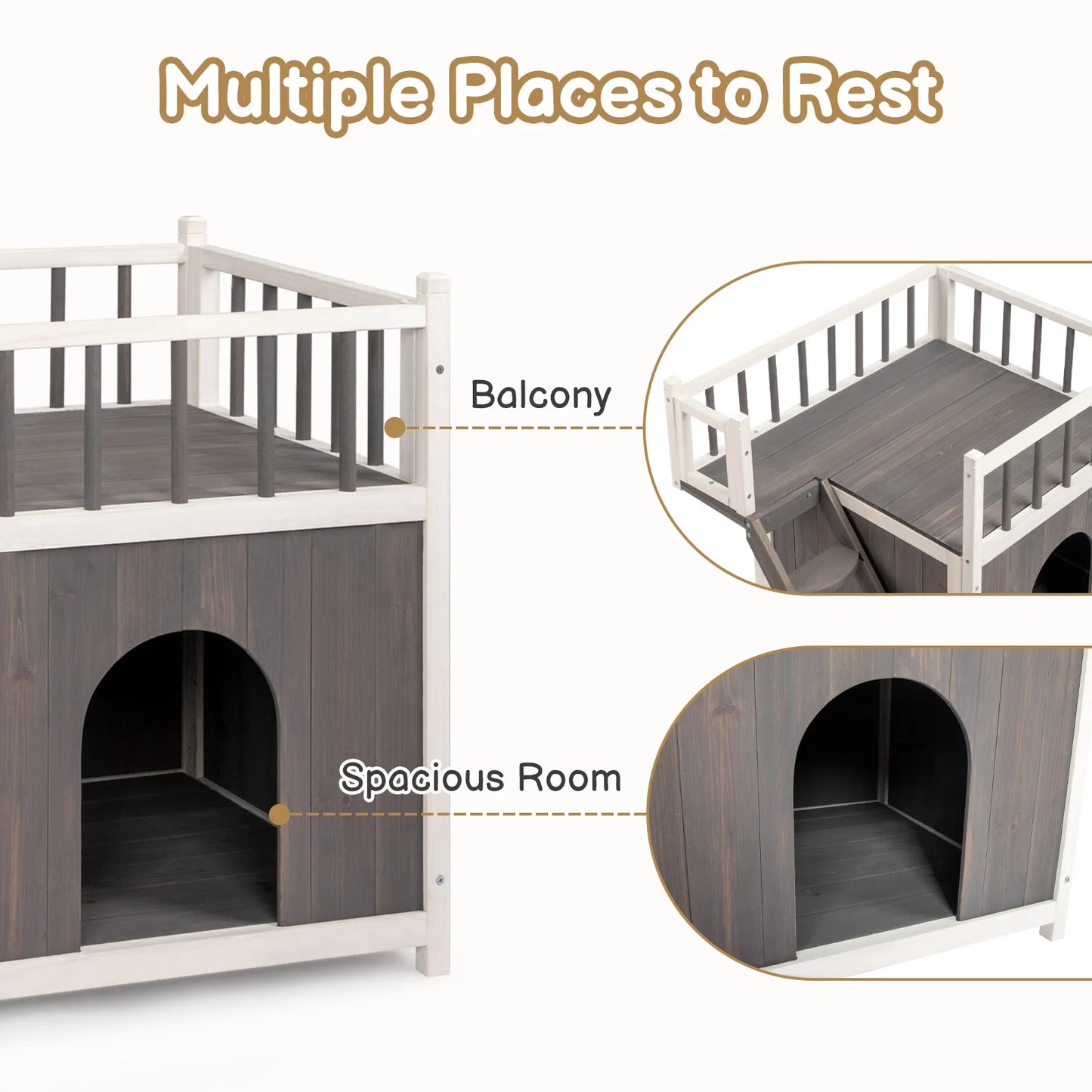 Pet House Cat Grey White Outdoor Indoor 2-Story Wooden Feral Dog House Cat House Pet House with Stair