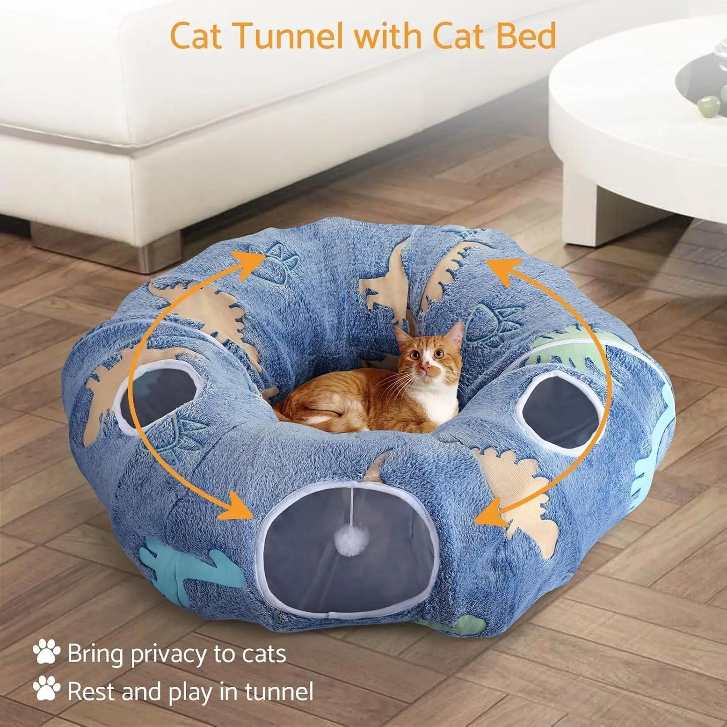 Foldable Cat Tunnel with Washable Bed 4 Entry Points,Peekaboo Cat Cave,Multifunctional Playground Toy for Cats Kittens