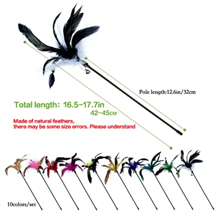 10Pack Cat Feather Wand Toys with Bell tural Feather Interactive Teaser for Indoor Kittens Friendly Cat Toy