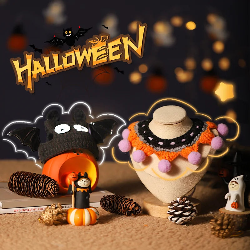 Hand Woven Cat Collars Breakaway Kitten Collar with Pumpkin Pattern Pet Cosplay Costume Crochet Pet Nacklace Halloween Decor