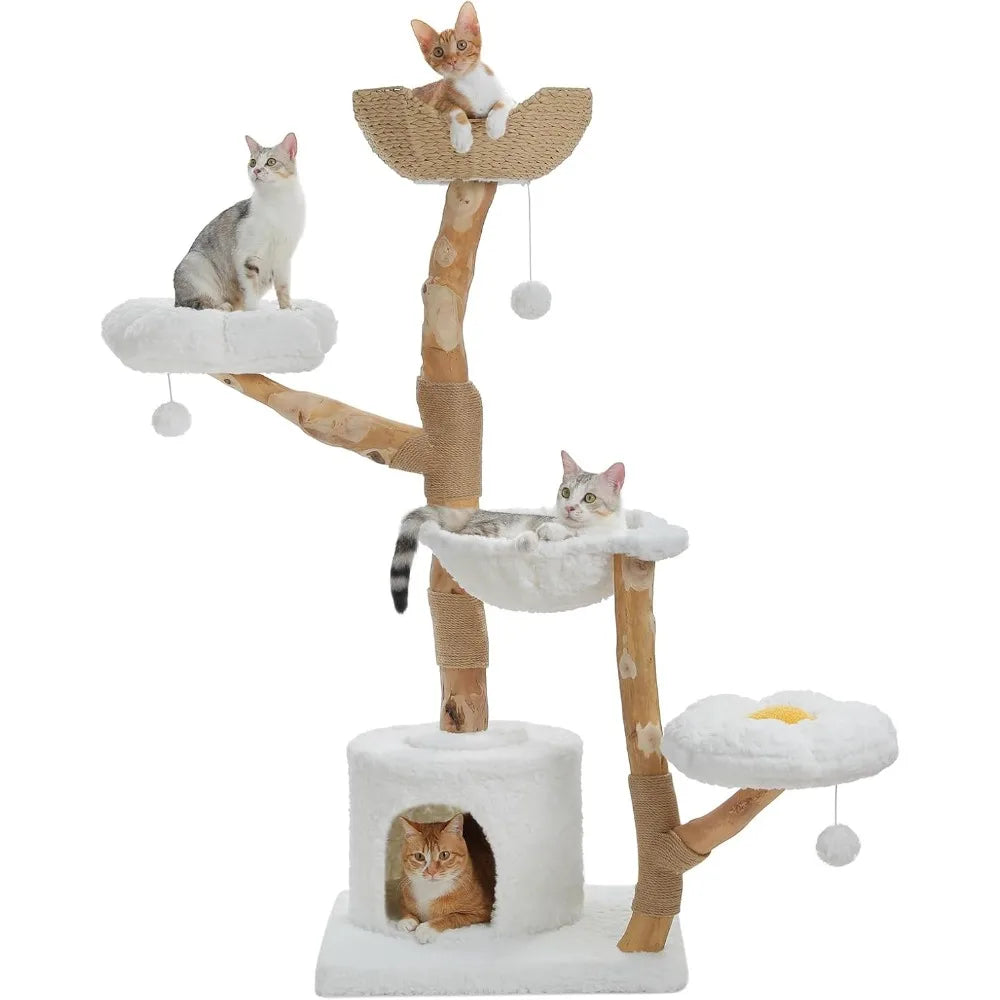 PAWZ Road Cat Tree for Indoor Cats Large Adults, 59 Inches Modern Cat Tower with Large Basket and Hammock, Natural Solid Wood, L