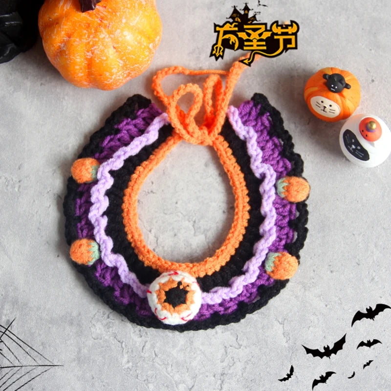 Hand Woven Cat Collars Breakaway Kitten Collar with Pumpkin Pattern Pet Cosplay Costume Crochet Pet Nacklace Halloween Decor