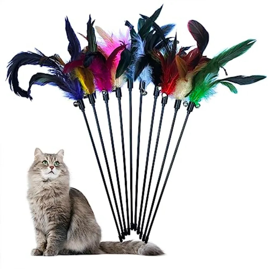 10Pack Cat Feather Wand Toys with Bell tural Feather Interactive Teaser for Indoor Kittens Friendly Cat Toy