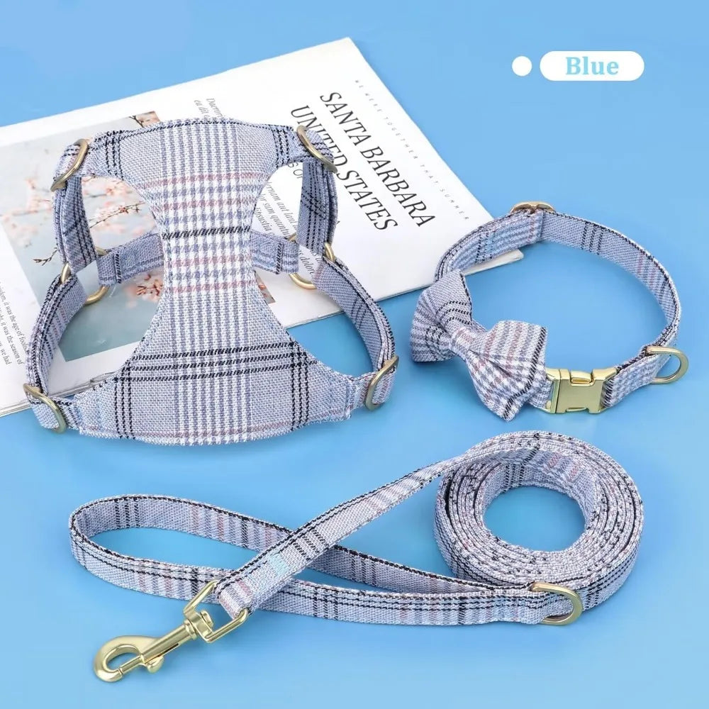 Cute Extra Small Dog Harness Collar and Leash Set with Bowtie, Soft Adjustable Plaid Puppy Harness for Small Sized Dogs Cats Wa