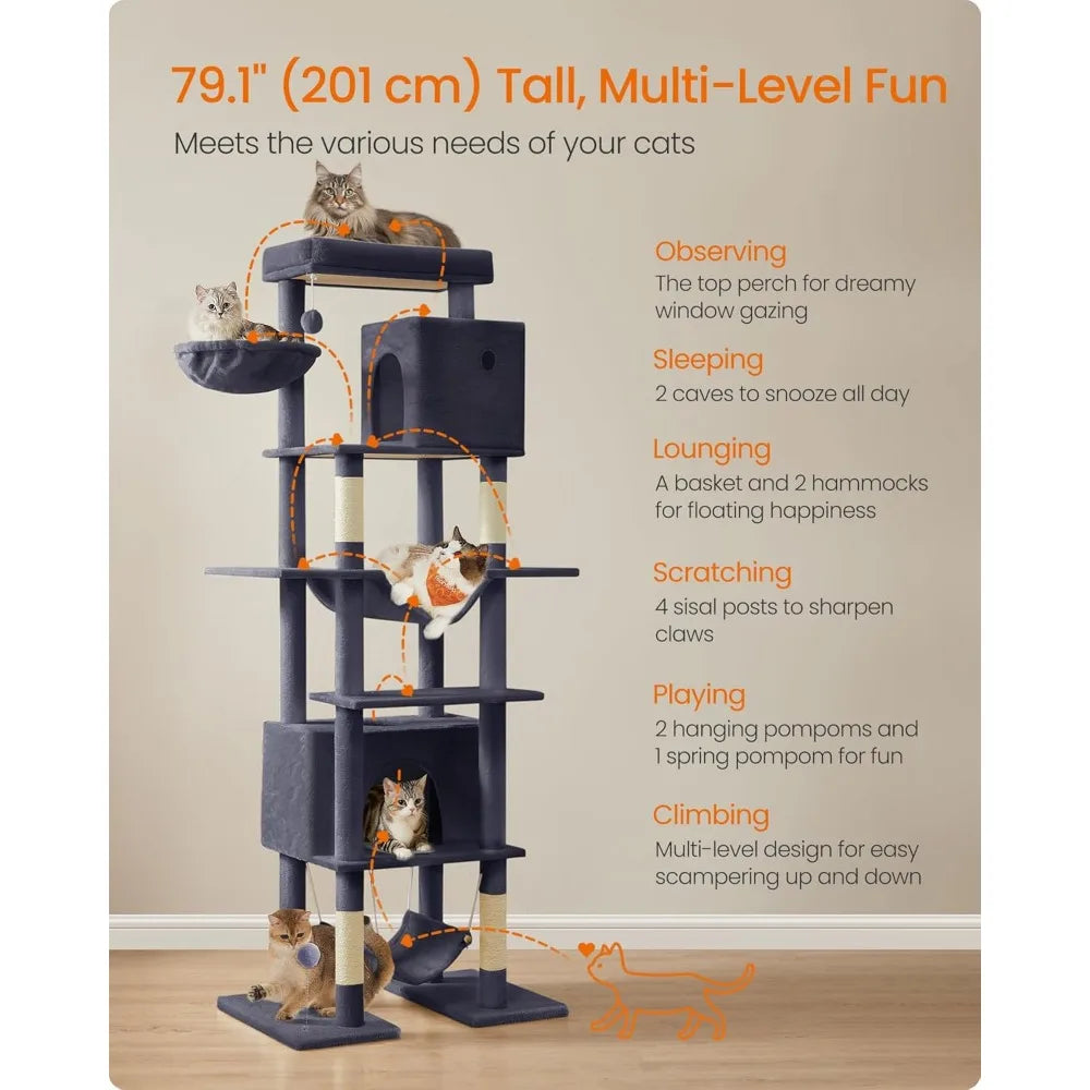 Feandrea Cat Tree, 79.1 Inch Tall Cat Tower for Indoor Cats, Multi-Level Large Cat Condo with 4 Scratching Posts, 2 Hammocks, a