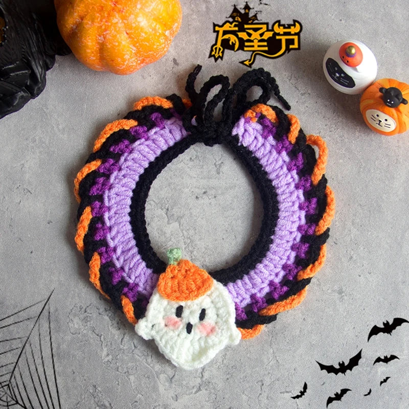Hand Woven Cat Collars Breakaway Kitten Collar with Pumpkin Pattern Pet Cosplay Costume Crochet Pet Nacklace Halloween Decor
