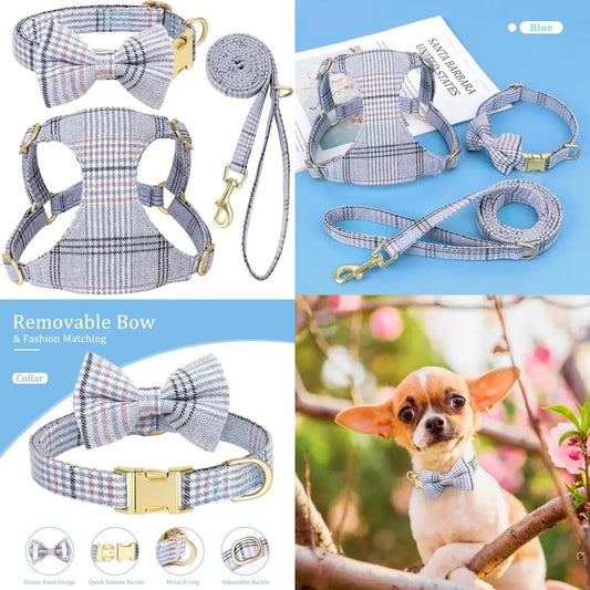Cute Extra Small Dog Harness Collar and Leash Set with Bowtie, Soft Adjustable Plaid Puppy Harness for Small Sized Dogs Cats Wa