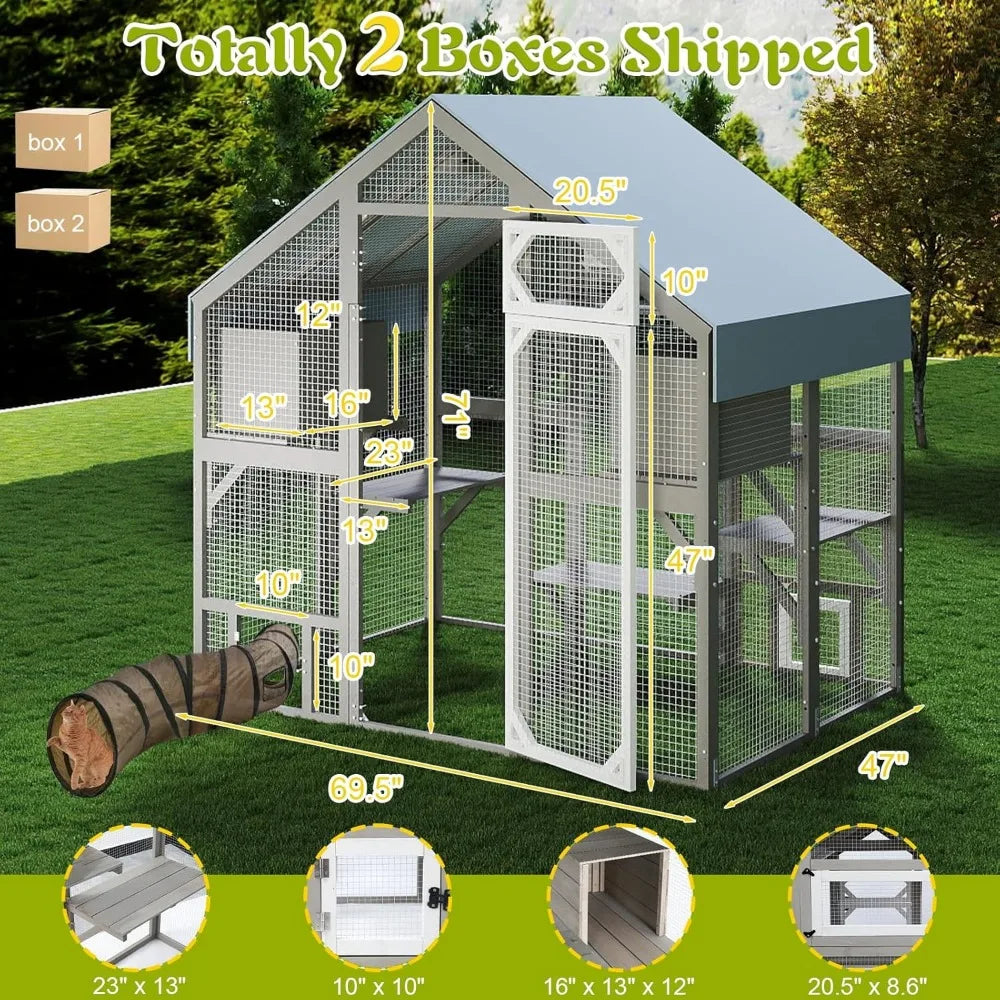 71" H Catio Outdoor Cat Enclosure Large Wooden Walk in Cats House Outside Weatherproof Roof,Attached to House's Window,Cat's Doo