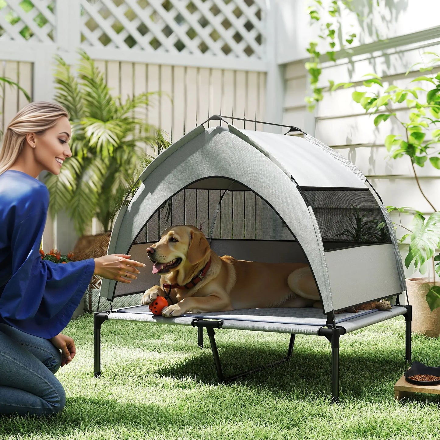 For PawHut Elevated Dog Bed with Removable Canopy, Portable Outside Raised Pet Cot with Cooling Pad, Storage Bag, 36" x 29.5" x