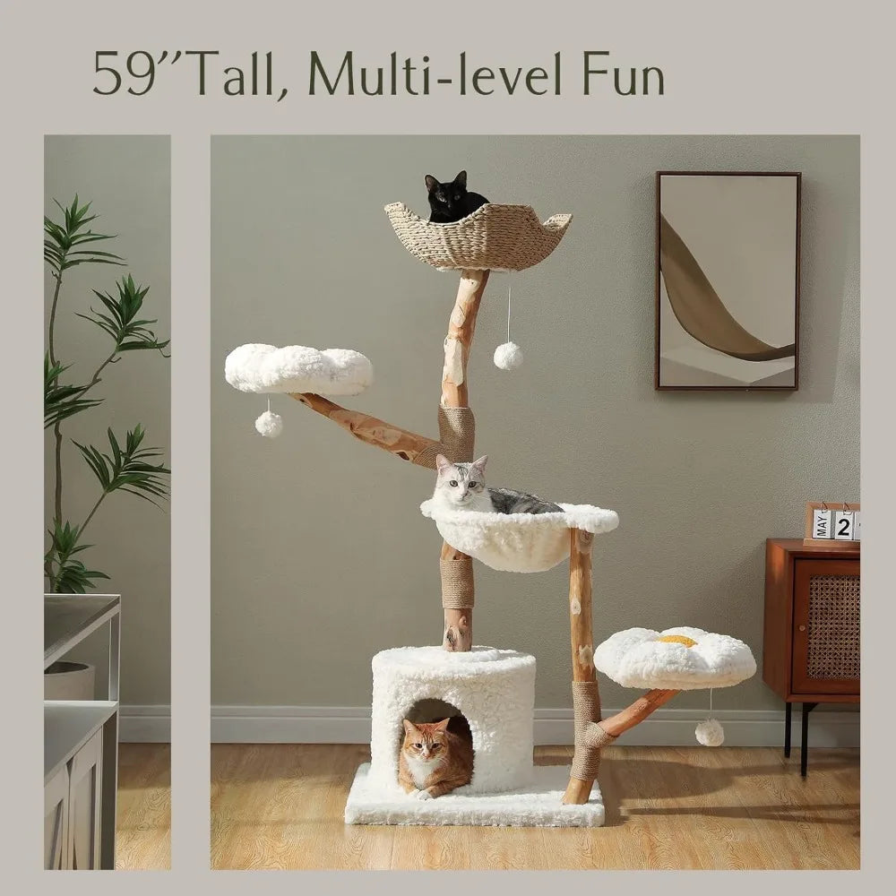 PAWZ Road Cat Tree for Indoor Cats Large Adults, 59 Inches Modern Cat Tower with Large Basket and Hammock, Natural Solid Wood, L