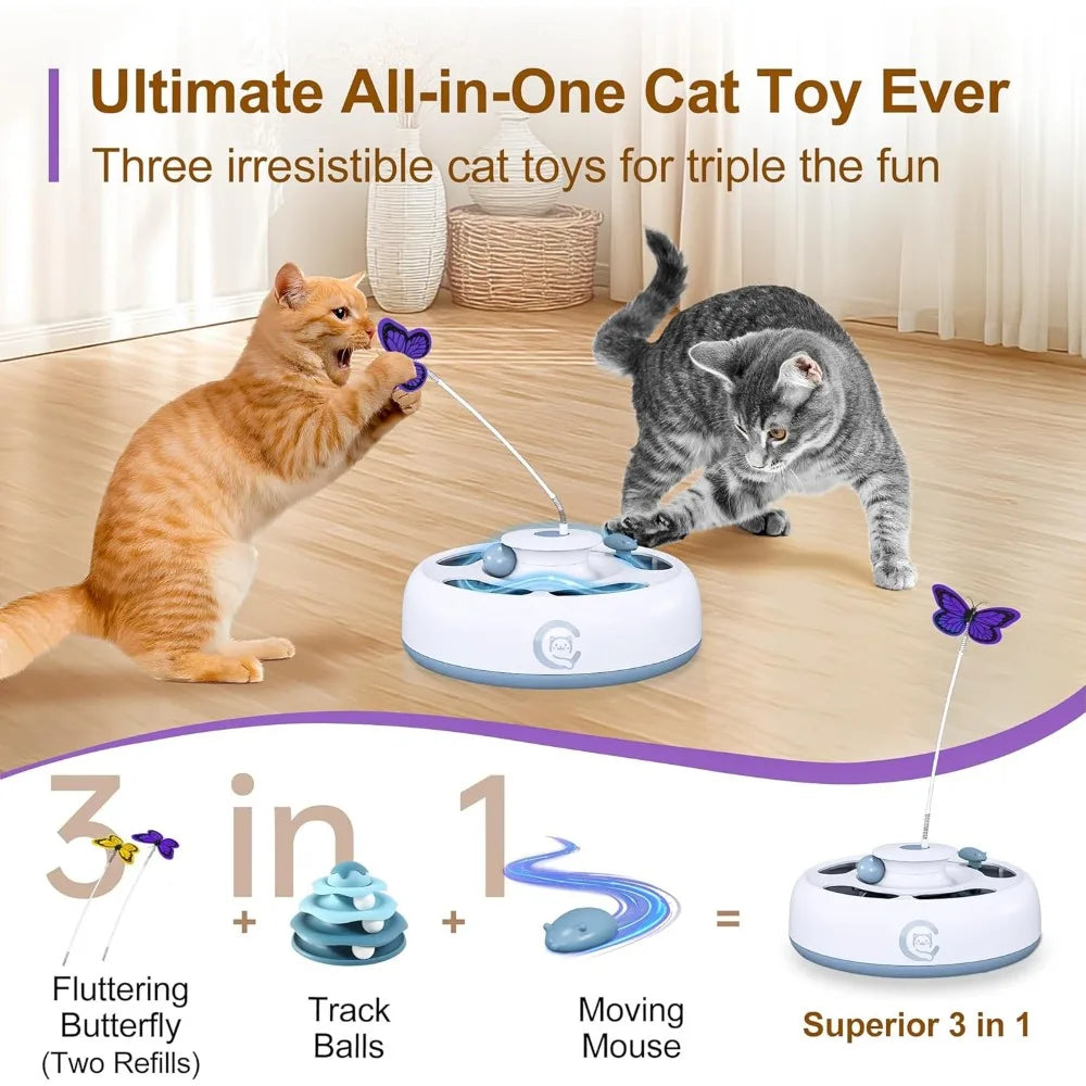 Cat Toys 3 in1 Automatic Interactive Kitten Toy, Moving Ambush Mouse, Fluttering Butterfly, Track Balls, USB Powered, Indoor Exe