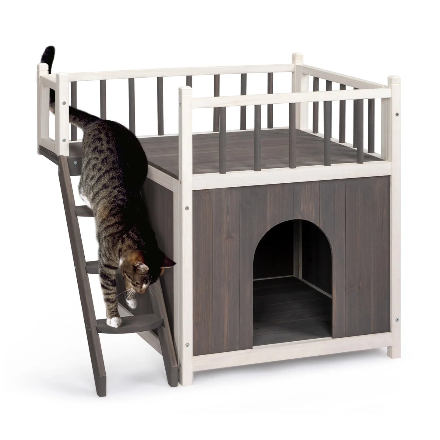 Pet House Cat Grey White Outdoor Indoor 2-Story Wooden Feral Dog House Cat House Pet House with Stair