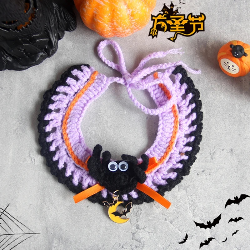 Hand Woven Cat Collars Breakaway Kitten Collar with Pumpkin Pattern Pet Cosplay Costume Crochet Pet Nacklace Halloween Decor