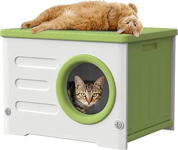 Outdoor Cat House Weatherproof&Insulated,Plastic Waterproof Elevated Cat Shelter Stackable Pet House Cat Wave for Outdoor Indoor