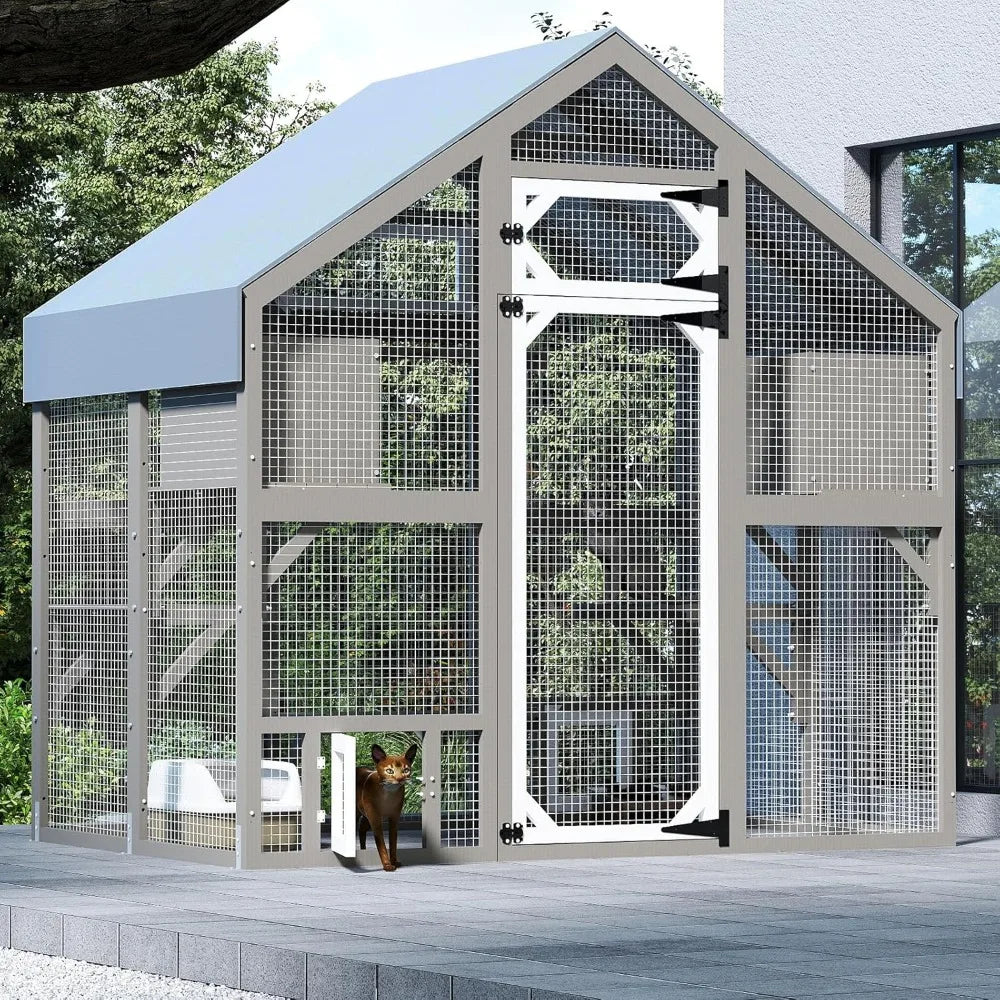 71" H Catio Outdoor Cat Enclosure Large Wooden Walk in Cats House Outside Weatherproof Roof,Attached to House's Window,Cat's Doo