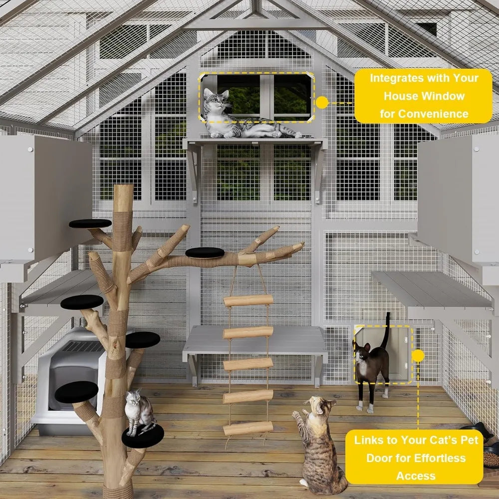 71" H Catio Outdoor Cat Enclosure Large Wooden Walk in Cats House Outside Weatherproof Roof,Attached to House's Window,Cat's Doo