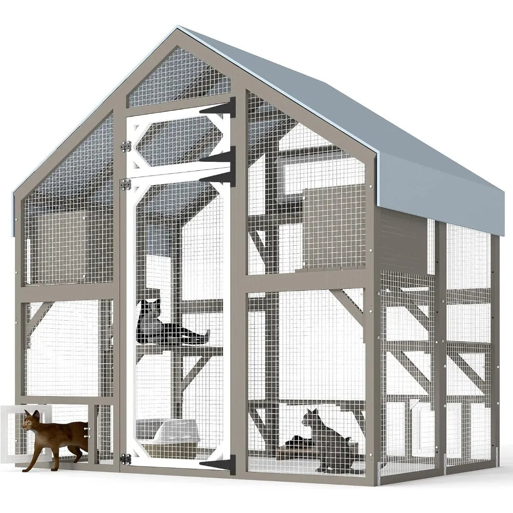 71" H Catio Outdoor Cat Enclosure Large Wooden Walk in Cats House Outside Weatherproof Roof,Attached to House's Window,Cat's Doo