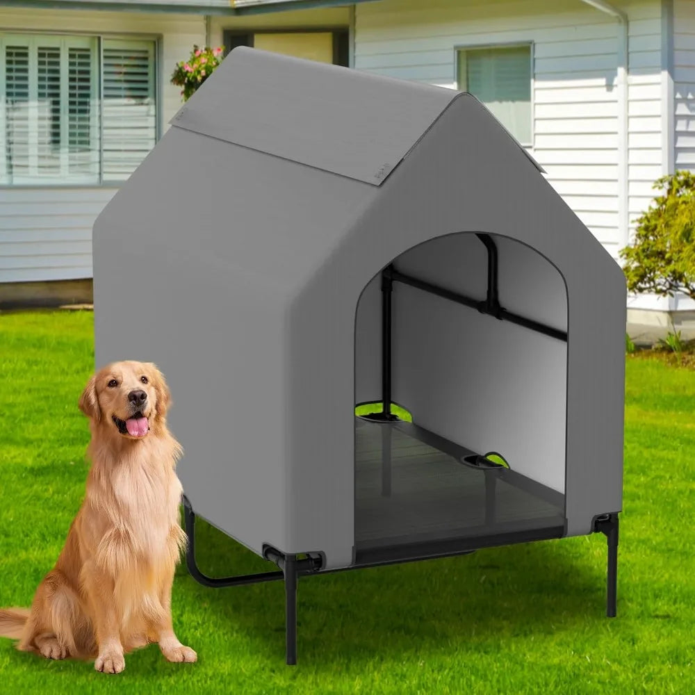 48" dog house for large dogs outside, elevated cooling dog beds for outdoor indoor, weatherproof raised pet shelter with canopy,